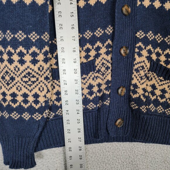 J.Crew Cardigan Sweater Mens Large Navy Beaige Fair Isle Wool Blend Button Front - Picture 9 of 11